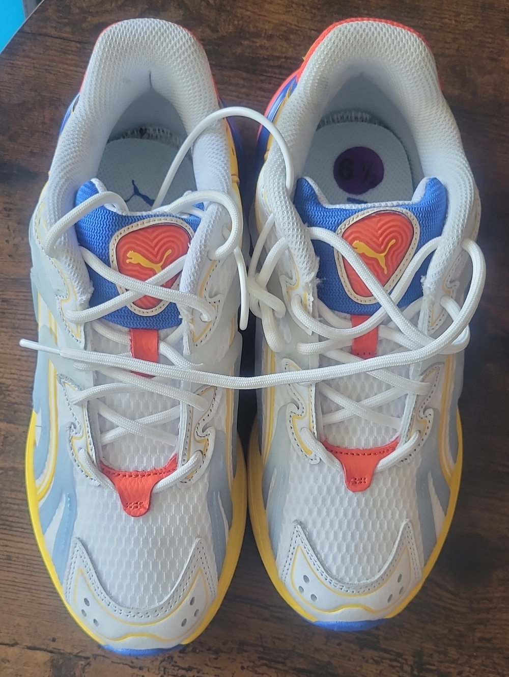 Puma Kids White Sneakers with Yellow, Blue & Coral Accents